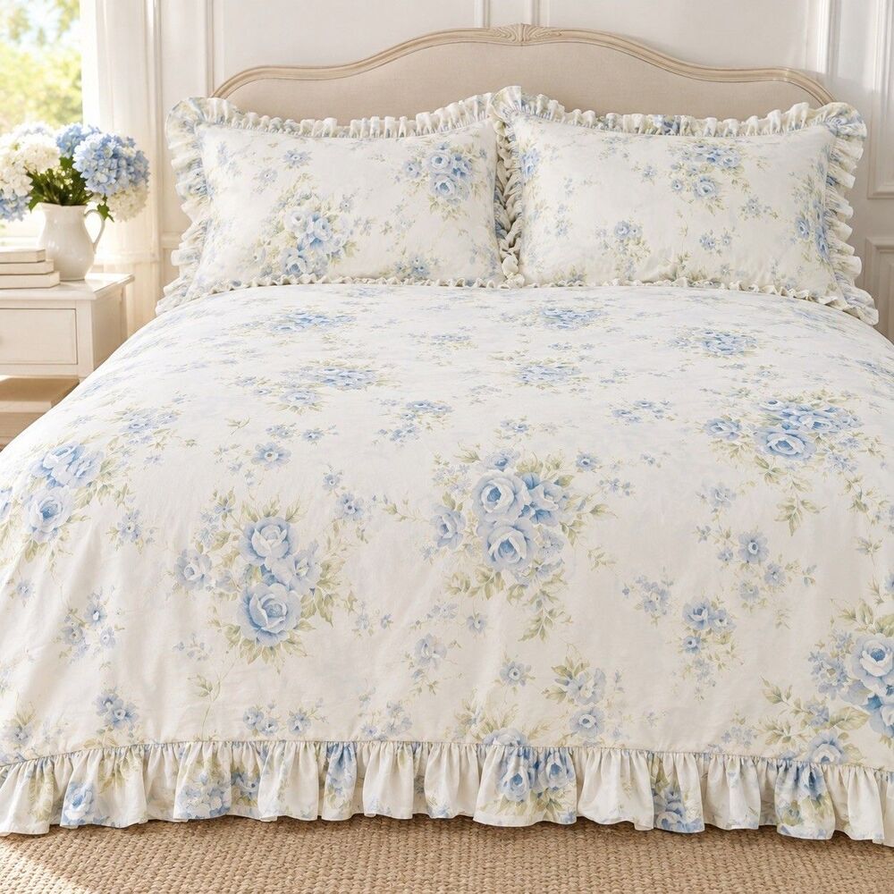 Simply Shabby Chic Blue Rose Floral 3 Piece King Duvet Cover Set Ruffled Cottage